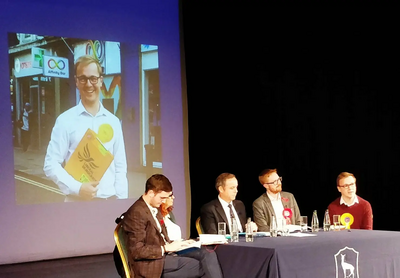Image courtesy of Paul Chandler Ben Thomas takes on Lloyd Russel Moyle Roedean hustings GE19
